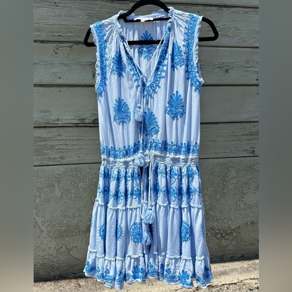 Pranella Baby Blue Embroidered Sleeveless Dress Tiered Skirt & Pom Pom Tassels